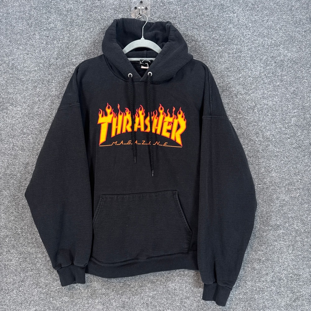 Thrasher Hoodie Mens Large Black Flame Logo Pullover Skateboard Sweatshirt